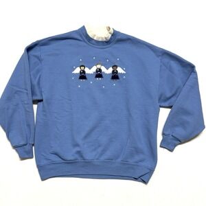 VTG Embroidered Angels Sweater Women L Mockneck Grandma Sweatshirt‎ Blue Holiday